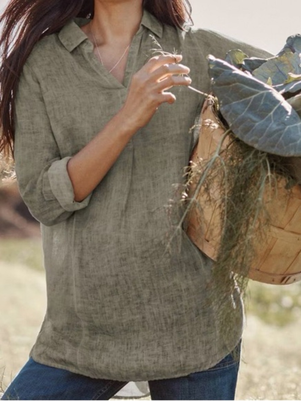 NWT J Jill Womens S Love Linen Garment Dyed Tunic Blouse Dried Sage Green Boho